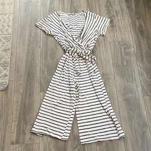 Lush - White Short Sleeve Belted Jumpsuit with Black & Grey Stripes - Size M